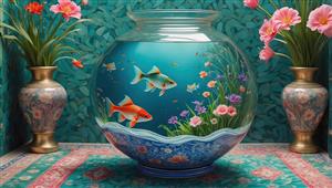 پوستر دیواری طرح آکواریوم و ماهی در تنگ شیشه‌ای با تم رنگی سبز و فیروزه‌ای برای دکوراسیون نوروز