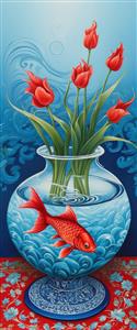 پوستر دیواری عمودی طرح تنگ ماهی قرمز و گل‌های لاله سرخ مناسب برای دکوراسیون نوروز
