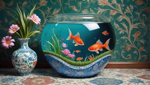 طرح ۳ بعدی آکواریوم با تم سبز و گلدان چینی مناسب نوروز