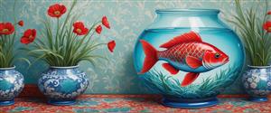 پوستر دیواری فانتزی ماهی قرمز عریض با گلدان‌های گل شقایق برای نوروز