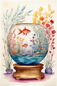 نقاشی آبرنگی تنگ ماهی و گلهای رنگارنگ ویژه نوروز