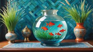 طرح مدرن پوستر دیواری تنگ ماهی دایره‌ای و گلدان سفالی برای دکوراسیون نوروز