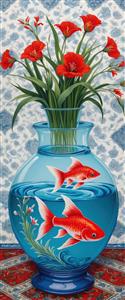 پوستر دیواری کلاسیک تنگ ماهی و گلدان شقایق با پس‌زمینه اسلیمی برای نوروز