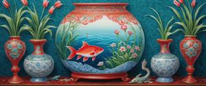 تصویر لوکس گلدان‌های چینی و تنگ ماهی بزرگ با تم آبی و قرمز ویژه نوروز