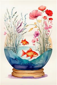 نقاشی آبرنگی فانتزی تنگ ماهی و گل‌های شقایق صورتی ویژه چاپ نوروز