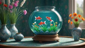 پوستر دیواری سه بعدی تنگ ماهی قرمز و گلدان‌های فانتزی شیک برای تزیین نوروز