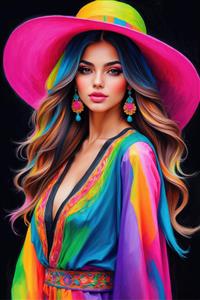 تصویر باکیفیت هنری دختر جوان با استایل شاد و کلاه صورتی پهن ویژه چاپ روی بوم و تابلوهای تزئینی لوکس