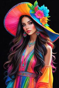 پوستر دیواری چهره زن فانتزی با کلاه رنگارنگ و گل‌دار مناسب برای دکوراسیون سالن زیبایی و اتاق خواب مدرن