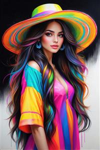 طرح مدرن زن با کلاه آبرنگی و رنگ‌های شاد انتزاعی مخصوص دیوارپوش و کاغذ دیواری سه بعدی لابی هتل