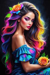 تصویر هنری زن با موهای کهکشانی و رز زرد ویژه چاپ روی بوم، کوسن و پرده‌های تصویری فانتزی در اتاق خواب