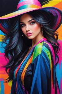 چهره زن فانتزی با کلاه رنگارنگ هنری مناسب چاپ پوستر دیواری مدرن در سالن‌های آرایش و اتاق خواب مستر