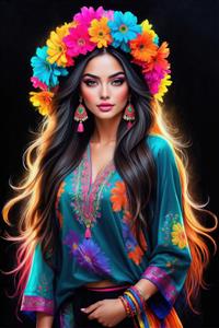 طرح سنتی و مدرن زن با تاج گل‌های رنگی و پیرهن گلدوزی شده ویژه پوستر دیواری رستوران‌های سنتی و کافه‌ها