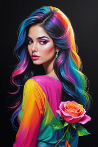 طرح هنری زن با گل رز صورتی و موهای چندرنگ فانتزی مناسب برای دکوراسیون دیوار مزون و بوتیک‌های زنانه