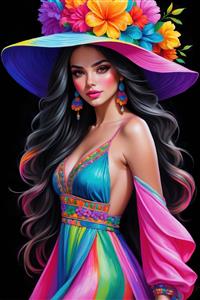 پوستر سه بعدی زن با کلاه لبه‌دار گل‌دار و لباس ساحلی رنگی برای تزئین دیوار استخر، جکوزی و سالن‌های ورزشی بانوان