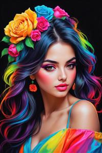 پوستر دیواری چهره زن با تاج گل رز رنگی و آرایش غلیظ فانتزی مخصوص دکوراسیون سالن پذیرایی و اتاق خواب عروس