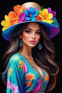 نقاشی دیجیتال زن با کلاه بزرگ گلی و تم فیروزه‌ای مناسب برای کاغذ دیواری هتل‌ها، ویلاها و فضاهای پذیرایی