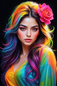 تصویر باکیفیت زن فانتزی با موهای هفت‌رنگ و گل سر صورتی برای پوستر دیواری سه بعدی و چاپ روی کوسن و کالای خواب