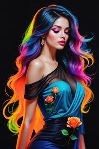 طرح لوکس چهره زن با موهای کهکشانی و گل رز نارنجی ویژه چاپ روی بوم و تابلوهای دکوراتیو اتاق نشیمن و مزون‌های لباس