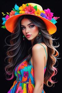 پوستر دیواری عمودی زن با کلاه بزرگ گل‌دار و لباس تابستانی شاد مناسب برای تزیین دیوار ویلا، اتاق مهمان و تالارهای پذیرایی