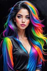 تصویر زن با موهای رنگی براق و لباس اسپرت زیپ‌دار برای چاپ پوستر دیواری، بنرهای تبلیغاتی مزون و کاور پوشه‌های فانتزی