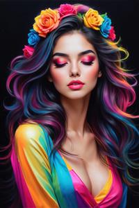 تابلو دکوراتیو زن با چشمان بسته و تاجی از گل‌های رز رنگارنگ برای ایجاد آرامش در فضای اتاق خواب، کلینیک‌های زیبایی و لابی