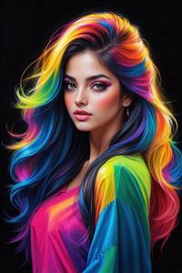 تصویر گرافیکی زن با موهای بلند رنگین‌کمانی و لباس نئونی شاد مناسب برای چاپ روی پرده تصویری، روتختی و دکوراسیون اتاق گیمینگ