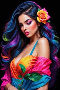 طرح عمودی چهره زن با موهای حالت‌دار و گل رز زرد بین موها برای پوستر دیواری سه بعدی پذیرایی و تابلوهای دکوراتیو لوکس هتل