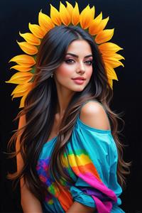 پوستر دیواری چهره لبخند‌برلب زن با تاجی از گلبرگ‌های آفتابگردان و لباس فانتزی شاد برای مهدکودک، اتاق کودک و محیط‌های پرانرژی