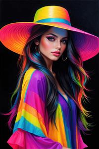 تصویر زن با استایل بوهمیان، کلاه بزرگ رنگی و لباس راه‌راه شاد برای پوستر دیواری پهن، دکوراسیون کافه و رستوران‌های مدرن