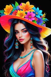 تابلو دکوراتیو چهره زن با کلاه بزرگ پر از گل‌های بهاری و گوشواره‌های جواهری مناسب برای پشت میز پذیرش، آرایشگاه و سالن‌های زیبایی