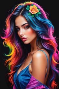 طرح عمودی زن با موهای فانتزی رنگین‌کمانی و گل رز روی موها برای چاپ پوستر دیواری سه بعدی، تابلو دکوراتیو مدرن و کاور نوت‌بوک