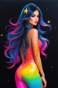 تصویر گرافیکی زن با ستاره طلایی در موها و لباس نئونی مناسب برای پوستر دیواری پشت میز پذیرش