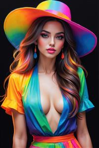 عکس جذاب زن با پیراهن یقه باز رنگی و کلاه بزرگ مناسب برای چاپ پرده تصویری و روتختی دونفره