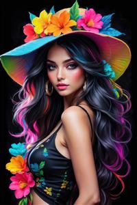 پرتره زن با کلاه حصیری تزیین شده با گل‌های استوایی مناسب پوستر دیواری سه بعدی اتاق مستر و ویلا