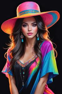 تصویر زن با کلاه صورتی و گوشواره های آویز فیروزه ای مناسب برای روتختی بزرگسال و کوسن های فانتزی