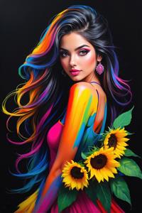 طرح فانتزی دختر با گل های آفتابگردان و موهای رنگی مناسب برای چاپ کاغذ دیواری سه بعدی و کتابچه های فانتزی