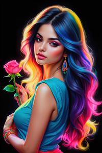 تصویر گرافیکی زن با گل رز صورتی و موهای هایلایت شده ویژه تابلو دکوراتیو اتاق نشیمن و دفتر کار مدرن