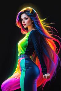 طرح نئونی زن با لباس ورزشی و موهای بلند رنگی مناسب چاپ روی شاسی و پوستر دیواری باشگاه بدنسازی بانوان