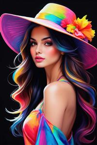 تصویر هنری زن با کلاه رنگارنگ و موهای مواج مناسب چاپ پوستر دیواری اتاق خواب و تابلو دکوراتیو سالن زیبایی