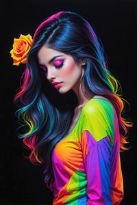 طرح گرافیکی نیم‌رخ زن با رز زرد و موهای هایلایت نئونی برای دکوراسیون آرایشگاه زنانه و تابلو بوم