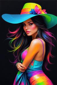 مدل فشن با کلاه بزرگ لبه‌دار و لباس رنگارنگ تابستانی برای پوستر دیواری عمودی در مزون‌های لوکس