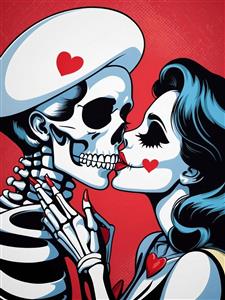 طرح فانتزی بوسه اسکلت و دختر به سبک کمیک استریپ برای چاپ روی تیشرت، نوت‌بوک و پوستر دیواری خاص