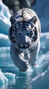 پوستر دیواری ببر سفید سیبری با چشم‌های آبی یخی در حال حرکت در برف مناسب لابی هتل و دکوراسیون سرد