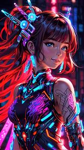 کاراکتر انیمه‌ای دختر سایبرپانک با تجهیزات پیشرفته نئونی برای پوستر دیواری گیم‌نت و اتاق گیمینگ