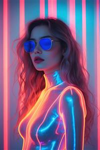 تصویر فانتزی دختر با عینک دودی و نورپردازی نئون صورتی و آبی برای پوستر دیواری سالن زیبایی و اتاق خواب