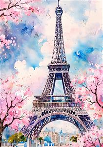 پوستر دیواری آبرنگی برج ایفل پاریس و شکوفه های صورتی انتخابی شیک برای سالن پذیرایی و کافی شاپ های فانتزی