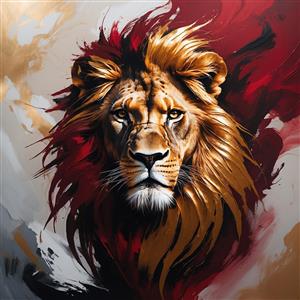 نقاشی مدرن و هنری چهره شیر با رنگ های طلایی و زرشکی برای پوستر دیواری لابی ساختمان های اداری و مسکونی