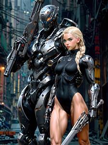 تصویر جنگجوی زن و ربات غول پیکر در شهر ویران شده برای پوستر دیواری اتاق نوجوان و گیم نت های مدرن