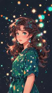 عکس گرافیکی دختر با موهای فر در میان ستاره های درخشان برای چاپ پوستر دیواری اتاق کودک و نوجوان و دفترچه خاطرات