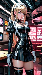 پوستر دیواری انیمه دختر پیشخدمت در کافه مدرن با تم مشکی براق ویژه دکور رستوران ها و اتاق گیمینگ